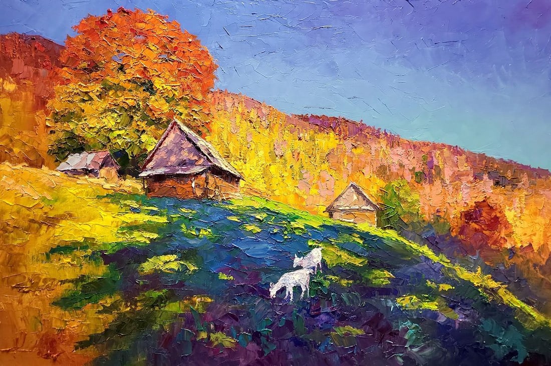 Oil painting Autumn in the Carpathians Serdyuk Boris Petrovich: Title: Oil painting Autumn in the Carpathians Serdyuk Boris Petrovich Description: NoSERB 1026The oil painting "Autumn in the Carpathians" is a vivid and textural portrayal of the lush Carpathian land