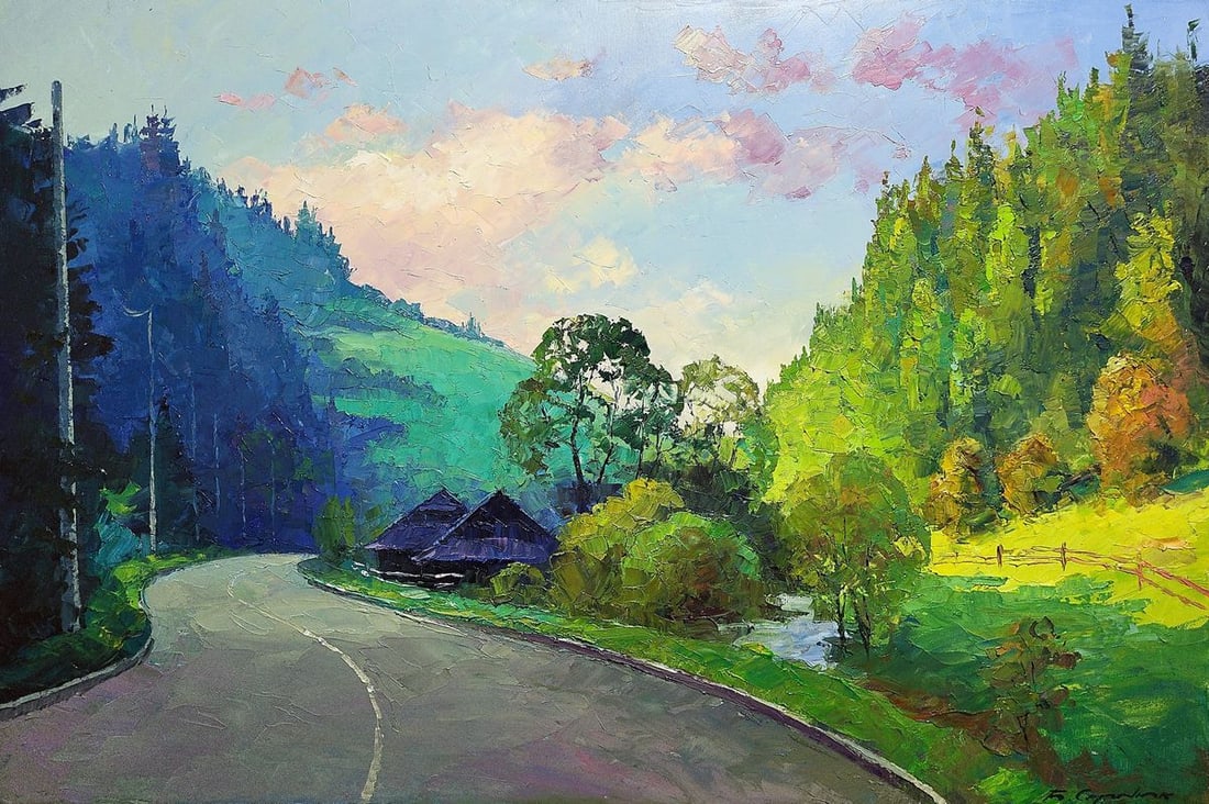 Oil painting Carpathian landscape Boris Serdyuk: Title: Oil painting Carpathian landscape Boris Serdyuk Description: NoSERB 1031The painting depicts a road running through a pastoral landscape. The sky above the stage shimmers with shades of pink an
