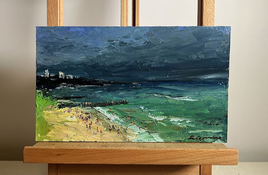 Oil painting People on the beach Boris Serdyuk: Title: Oil painting People on the beach Boris Serdyuk Description: NoAAA3780This oil painting cardboard, titled "People on the beach", the composition balances human activity and the vastness of the