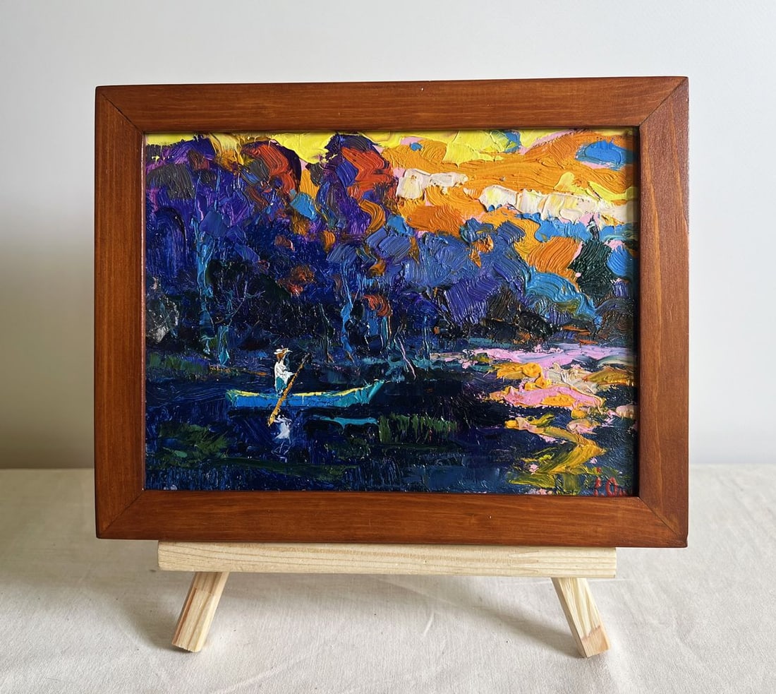 Oil painting Quiet fishing Oksana Kalenyuk: Title: Oil painting Quiet fishing Oksana Kalenyuk Description: NoAAA3842This oil painting cardboard, titled "Quiet fishing", the artist employs a bold and unconventional color palette, blending cool a