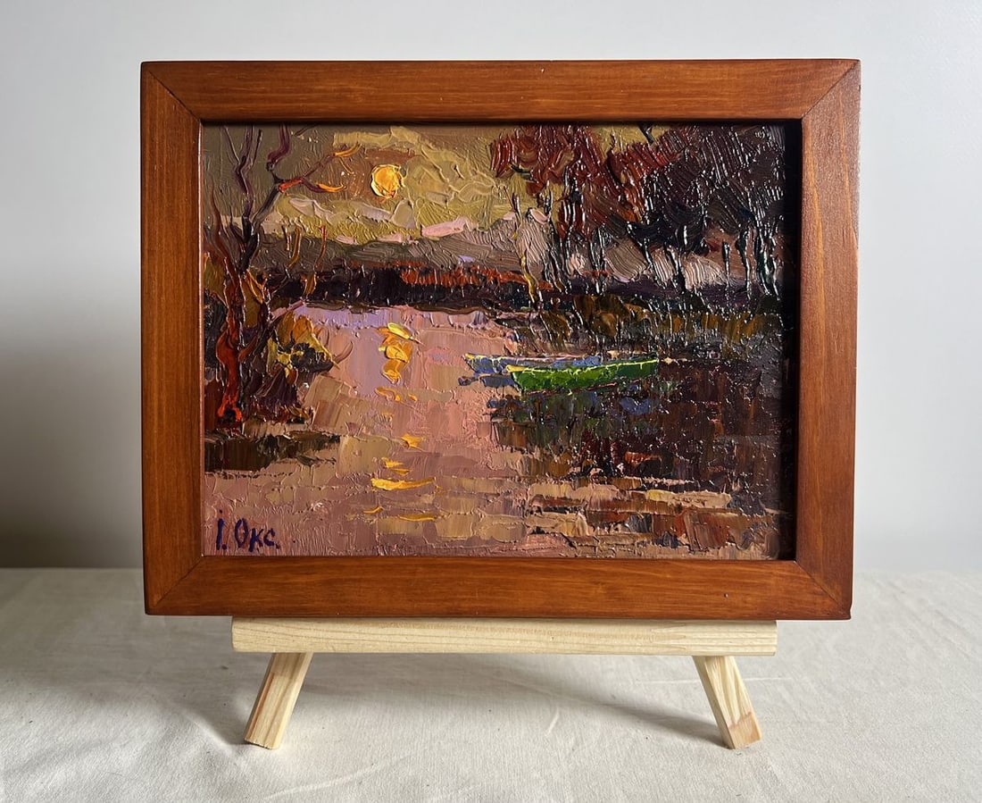 Oil painting Monthly reflection Oksana Kalenyuk: Title: Oil painting Monthly reflection Oksana Kalenyuk Description: NoAAA3848This oil painting cardboard, titled "Monthly reflection", the composition exudes a sense of solitude and contemplation, inv