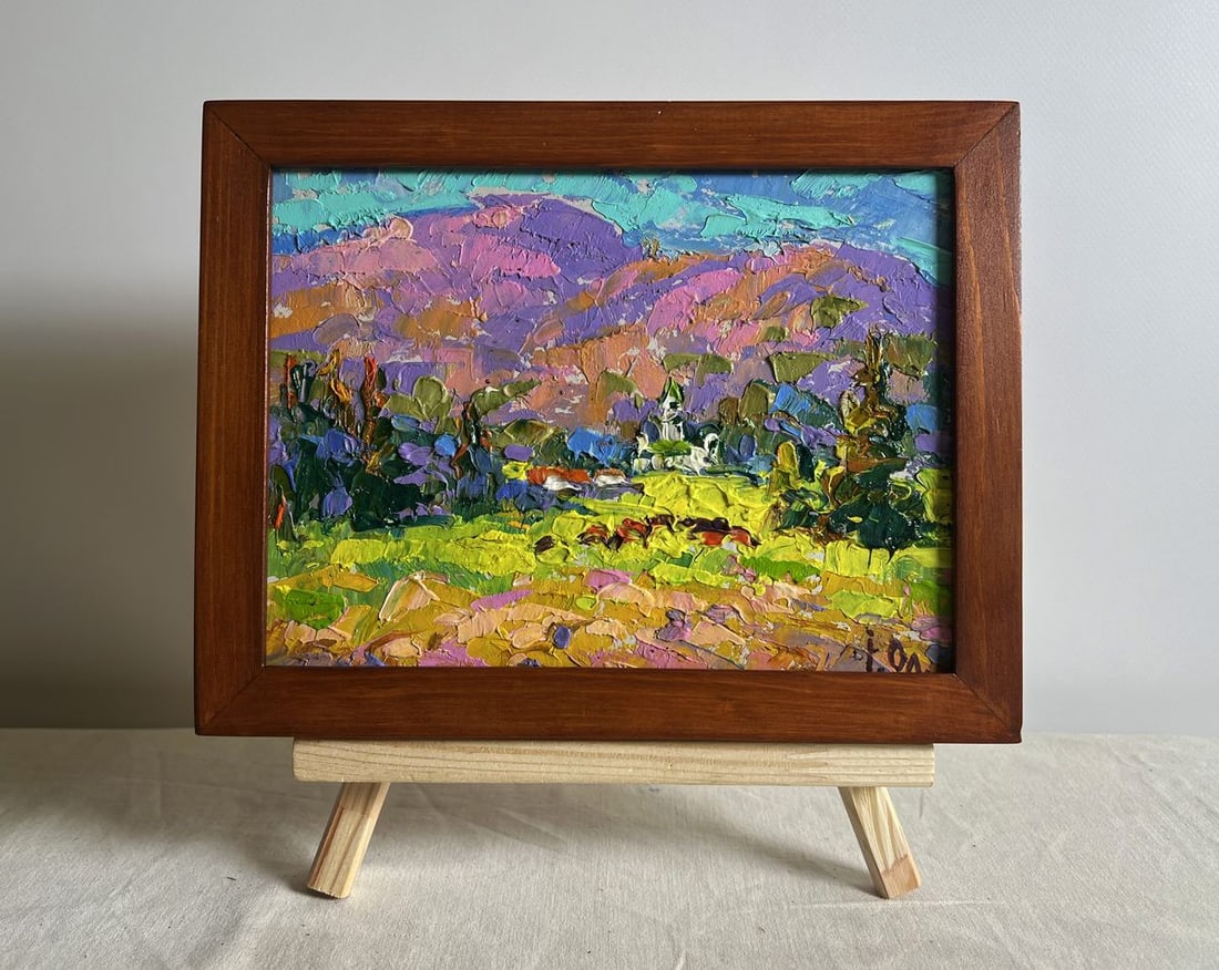 Oil painting In the mountain fields Alex Kalenyuk: Title: Oil painting In the mountain fields Alex Kalenyuk Description: NoAAA3869This oil painting cardboard, titled "In the mountain fields", the painting exudes warmth, tranquility, and a deep connect