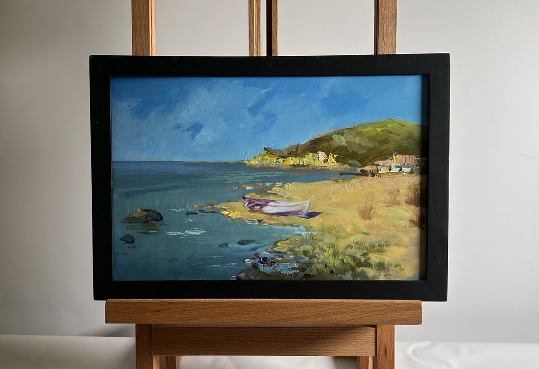 Oil painting Cloudy day at sea Yuriy Suprunchuk: Title: Oil painting Cloudy day at sea Yuriy Suprunchuk Description: NoAAA4136The oil painting on cardboard, titled "Cloudy Day at Sea", captures a serene and contemplative coastal scene where land, sk