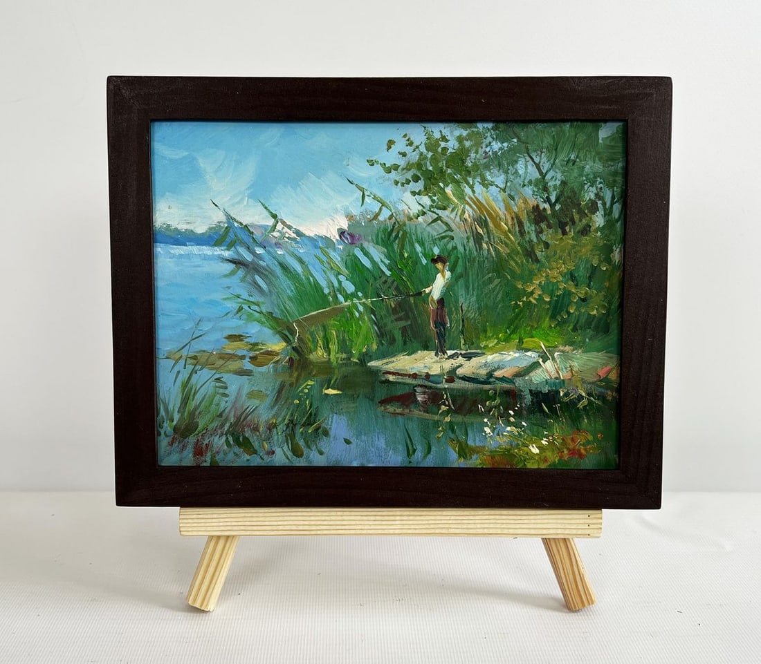 Oil painting Good fishing catch Yuriy Suprunchuk: Title: Oil painting Good fishing catch Yuriy Suprunchuk Description: NoAAA4437The painting "Good Fishing Catch" captures a serene moment by the water's edge, where nature and human activity blend harm