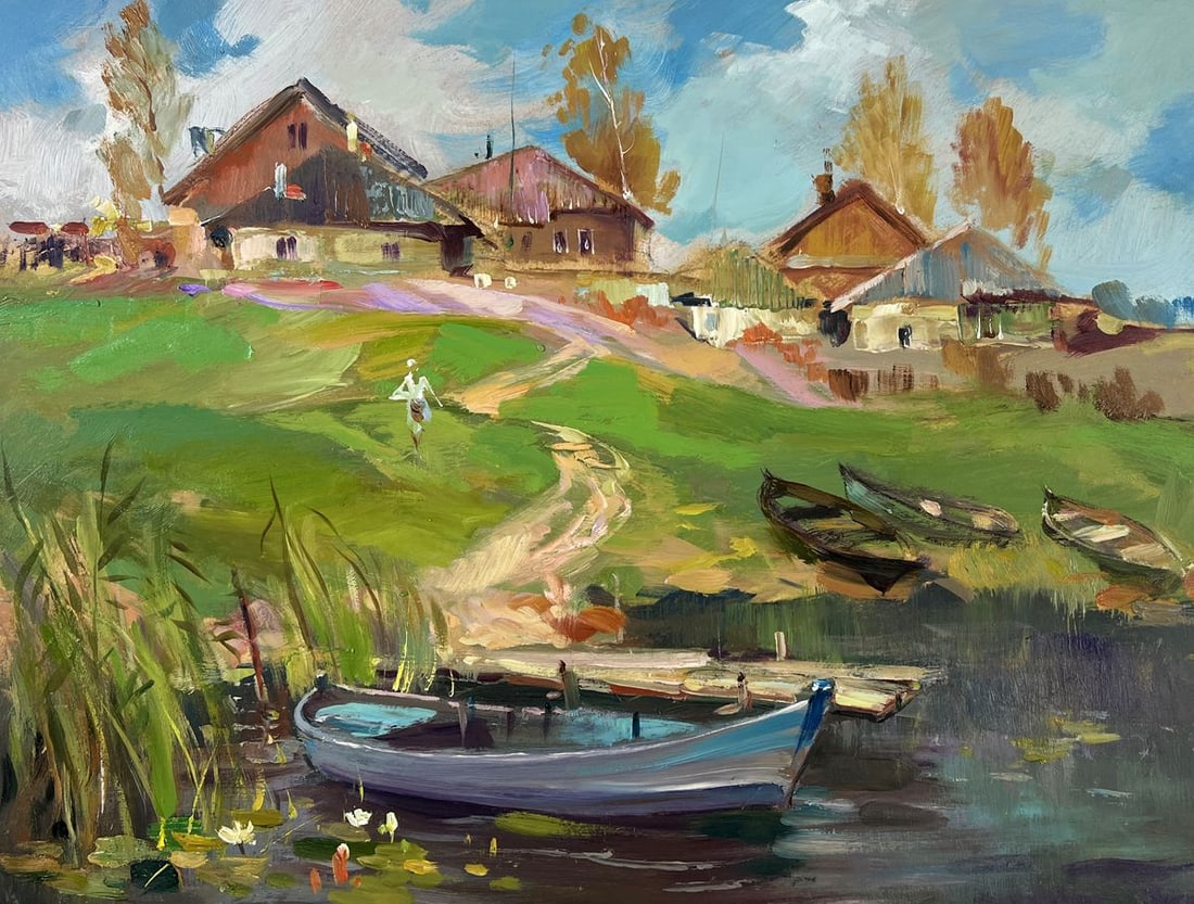 Oil painting Village boat ferry Yuriy Suprunchuk - 3
