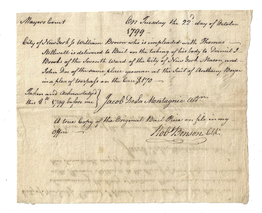 1799 Manuscript New York Bail Notice (1 of 2)