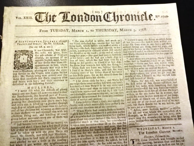 1768 London Chronicle Jonathan Swift: Title: 1768 London Chronicle Jonathan Swift Additional Information: The London Chronicle for March 1-3, 1768. Eight pages complete including red tax stamp. Interesting content including briefs from Ne