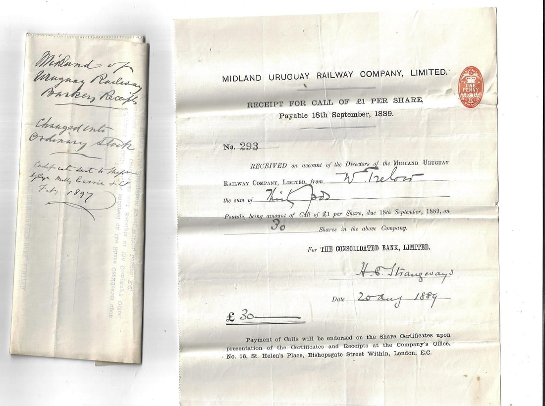 1889 Two Documents Midland Uruguay Railway - 2
