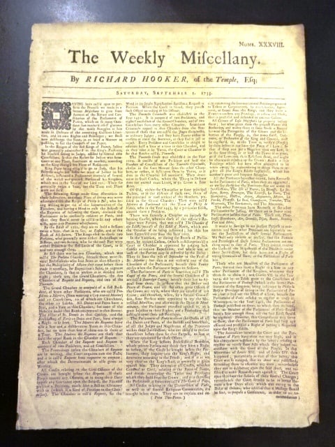 1722 The Weekly Miscellany: Title: 1722 The Weekly Miscellany Additional Information: The September 2, 1733 issue of "The Weekly Miscellany", by Richard Hooker and printed at London for J. Roberts. Four pages complete including