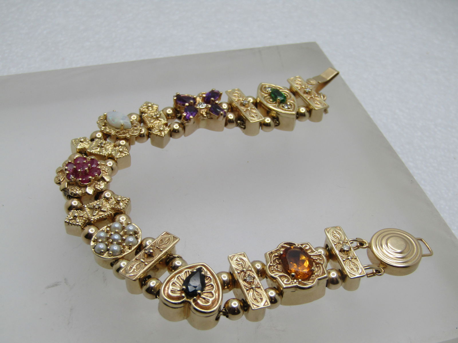 14kt Richard Klein Slide Charm Bracelet, 15 Slides Diamond & Gemstones, 7" (1 of 10)