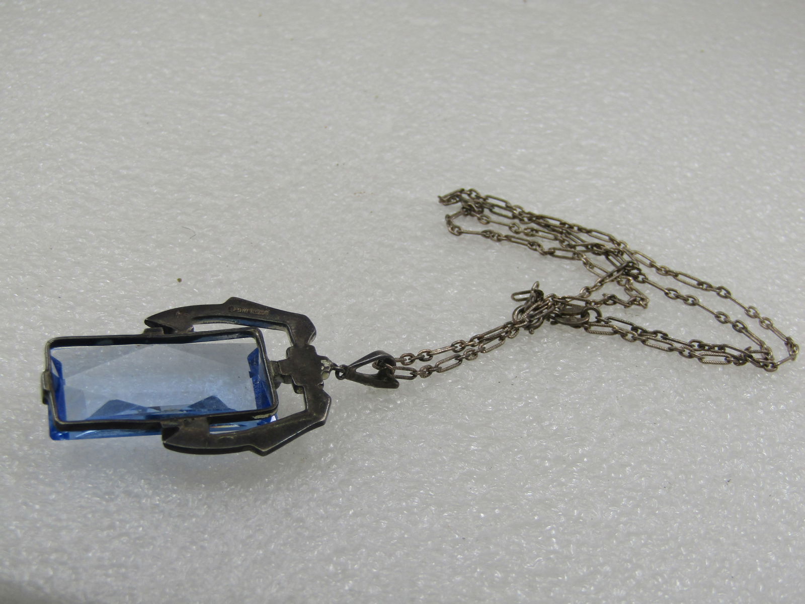 Vintage Sterling Blue Czech Glass & Rhinestone Necklace, 18". - 2
