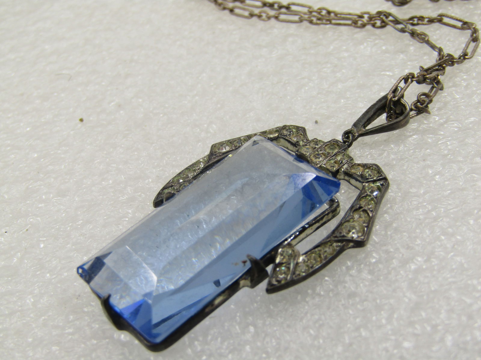 Vintage Sterling Blue Czech Glass & Rhinestone Necklace, 18". - 3