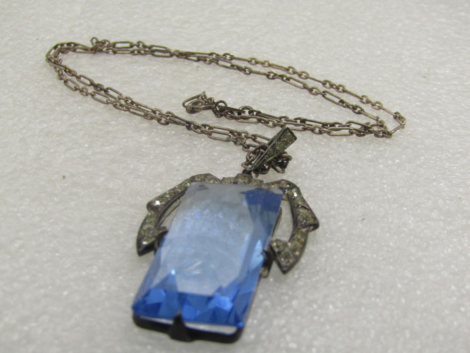 Vintage Sterling Blue Czech Glass & Rhinestone Necklace, 18". - 4