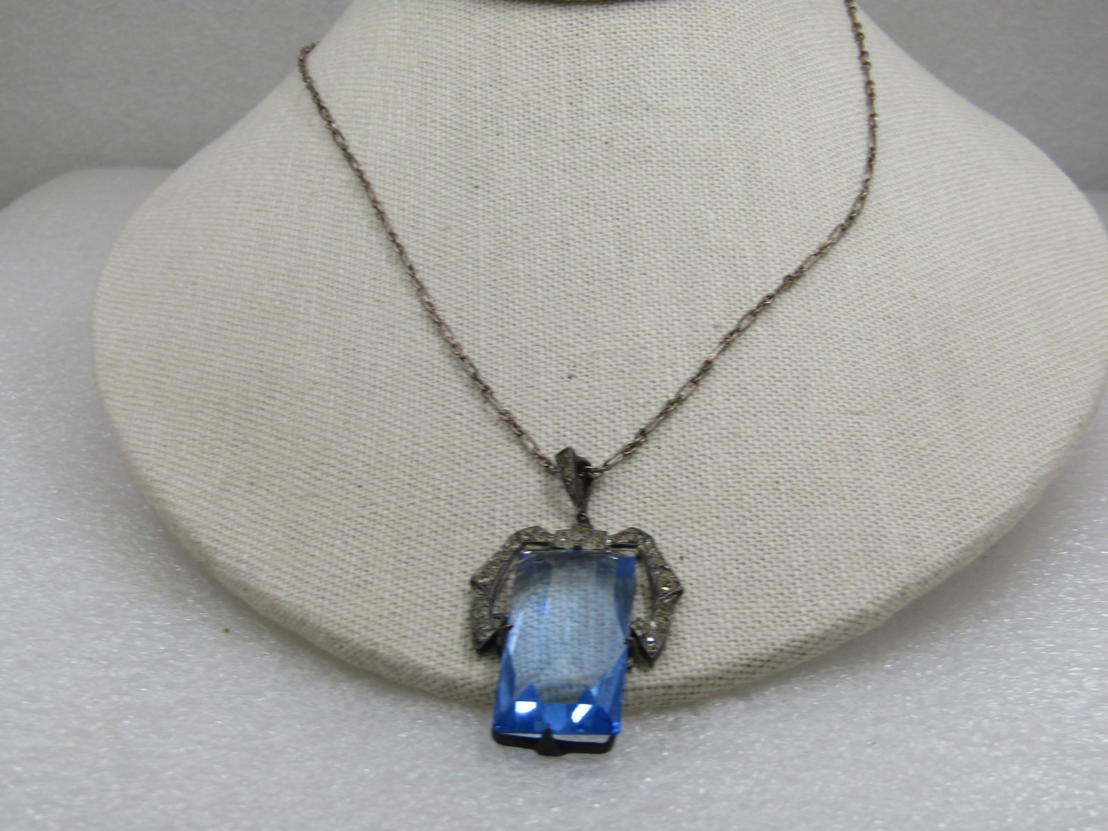 Vintage Sterling Blue Czech Glass & Rhinestone Necklace, 18". - 5
