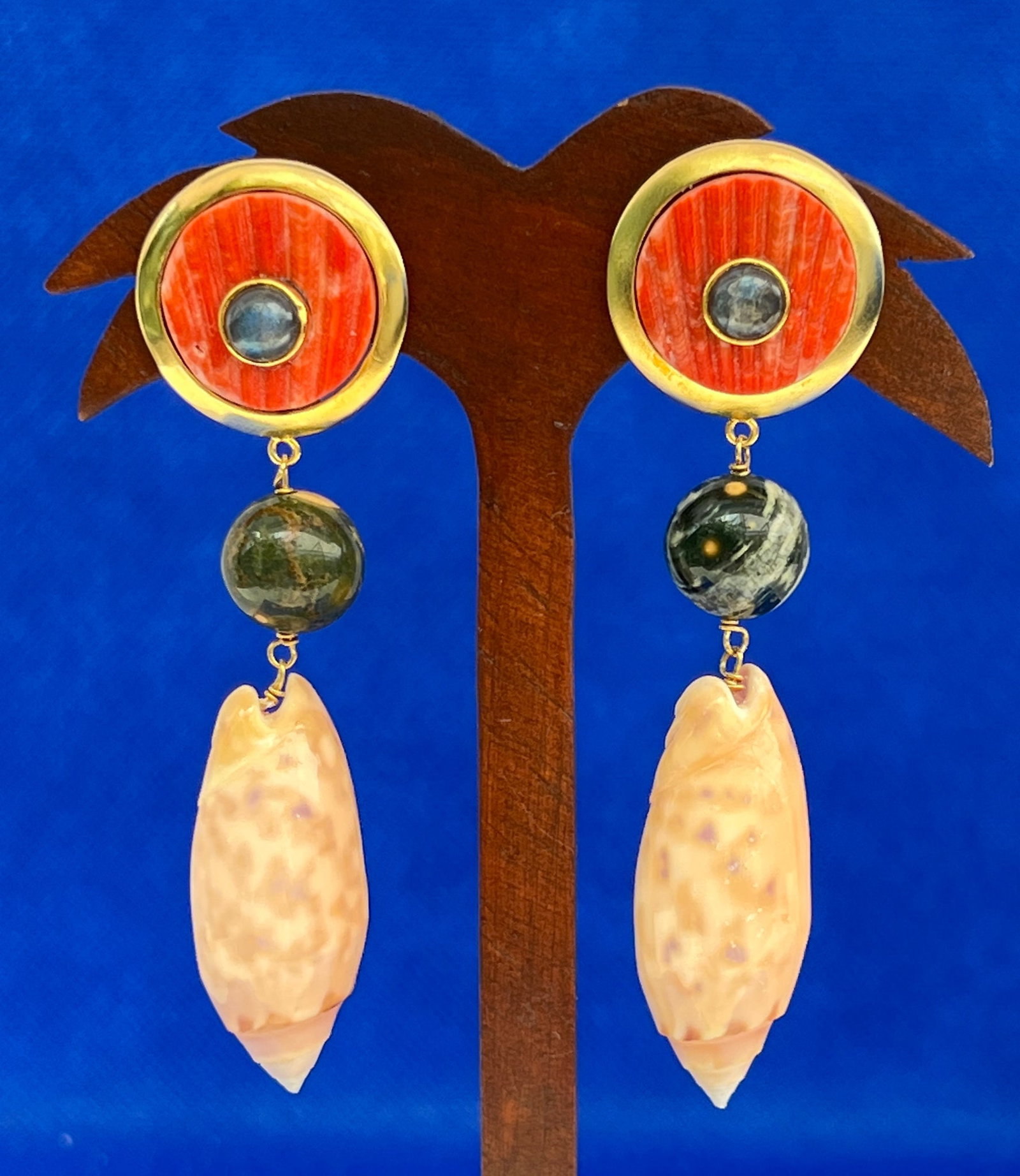Spondylus and Pink Olive Drop Earrings: Title:Spondylus and Pink Olive Drop Earrings Description:Pair of cut Spondylus -topped pierced earrings with Moonstone cabochons and wondrous Ocean Jasper beads above Pink Olive Shells - Drop 2" from