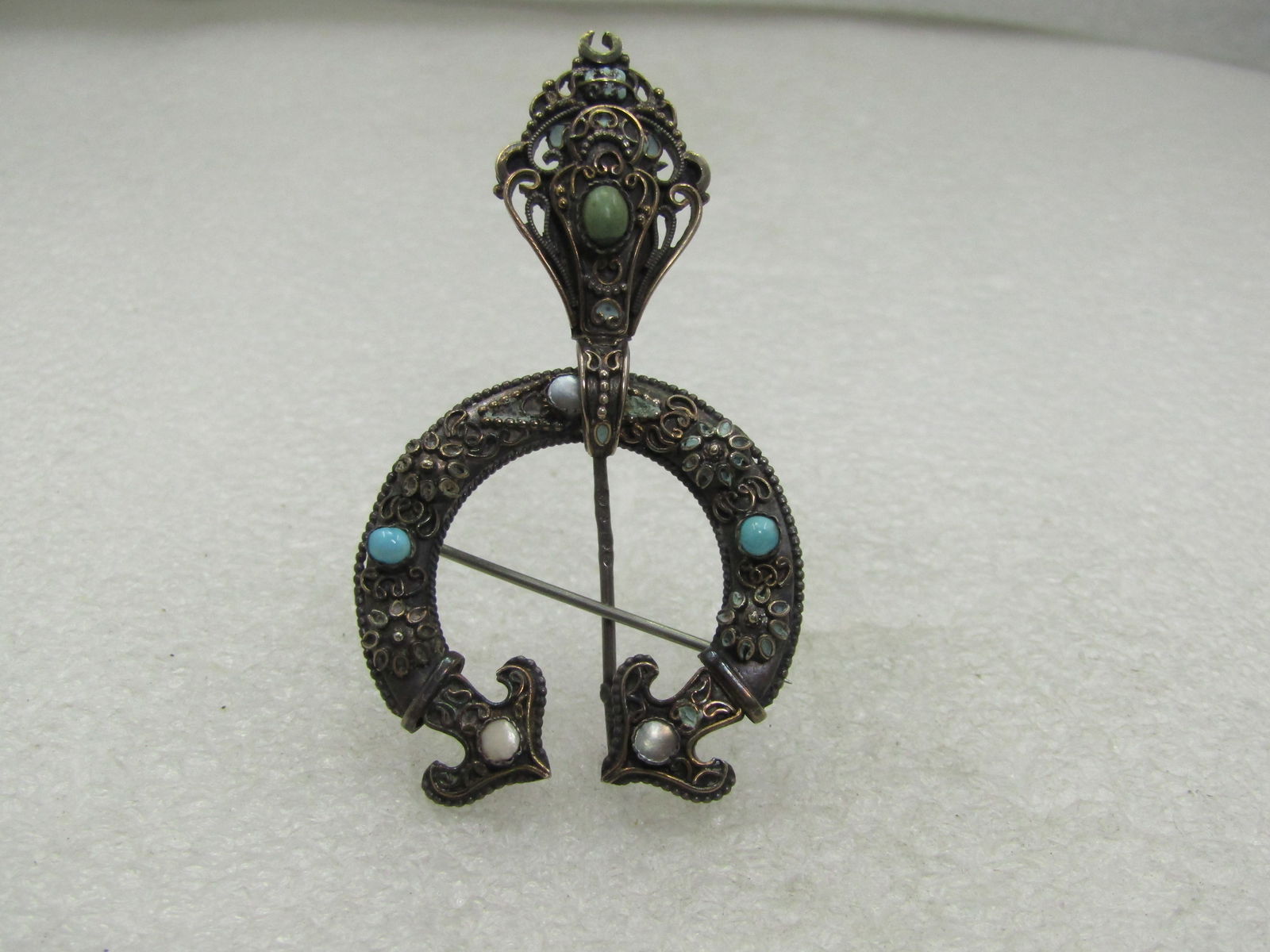 Antique Sterling Filigree Cloak Pin with MOP, Agate Stones, 1800's (1 of 7)