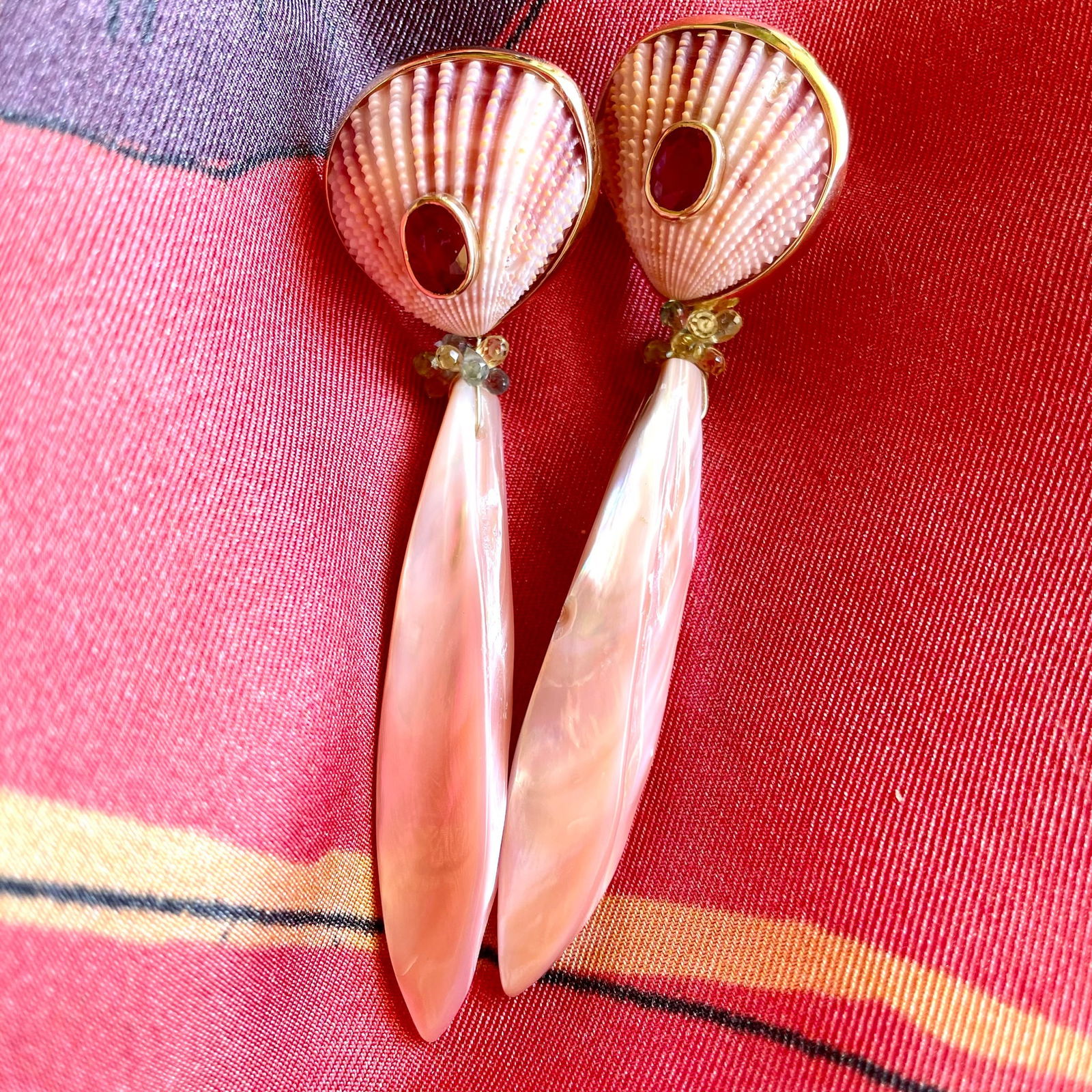 Pink Tourmaline, Scallop, Cut Shell 14-Karat Gold Earrings: Title:Pink Tourmaline, Scallop, Cut Shell 14-Karat Gold EarringsDescription:Delicious, delicate and in the pink 14-Karat Gold pierced earrings of tiny, rare Scallops, hard to find cut American Clam