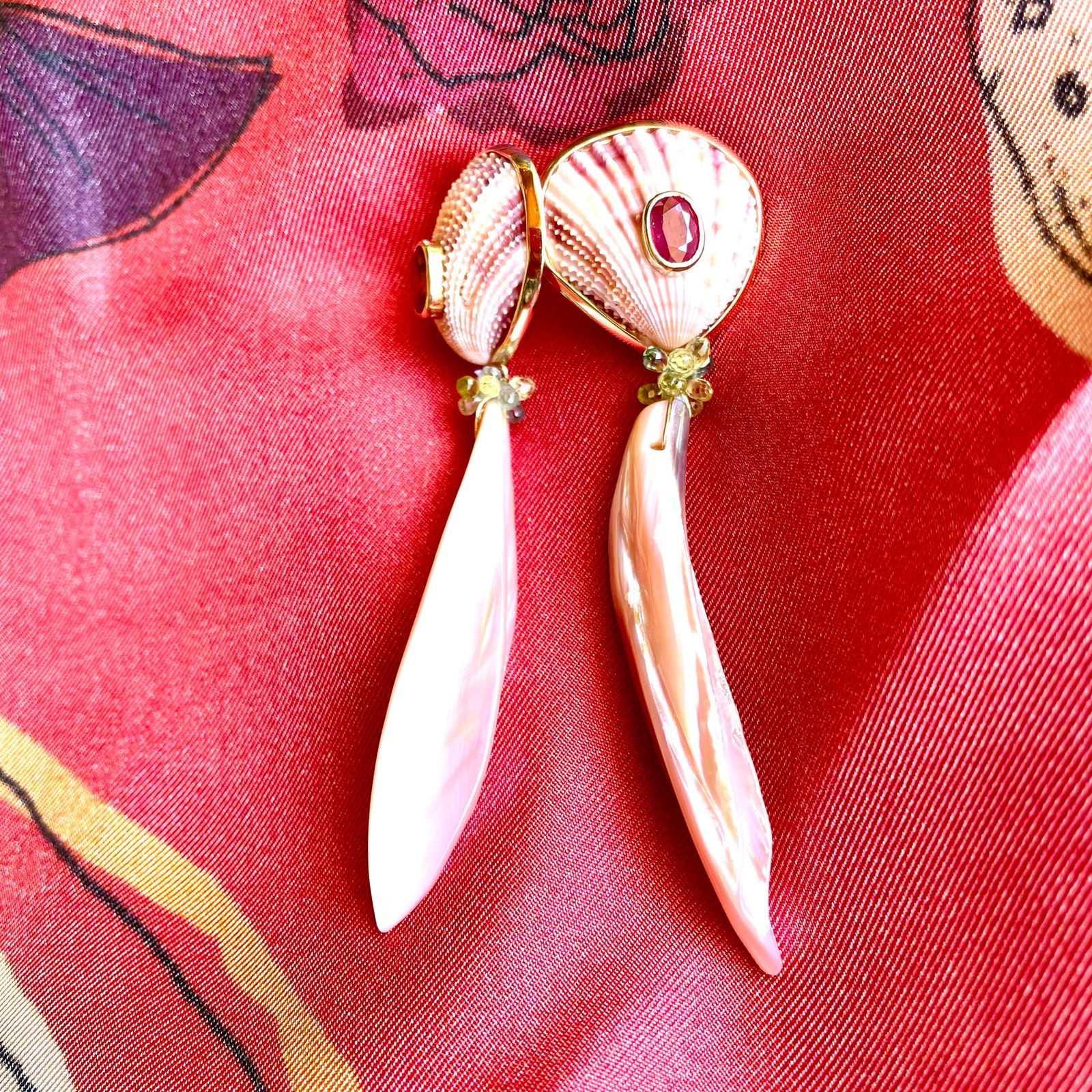 Pink Tourmaline, Scallop, Cut Shell 14-Karat Gold Earrings - 2