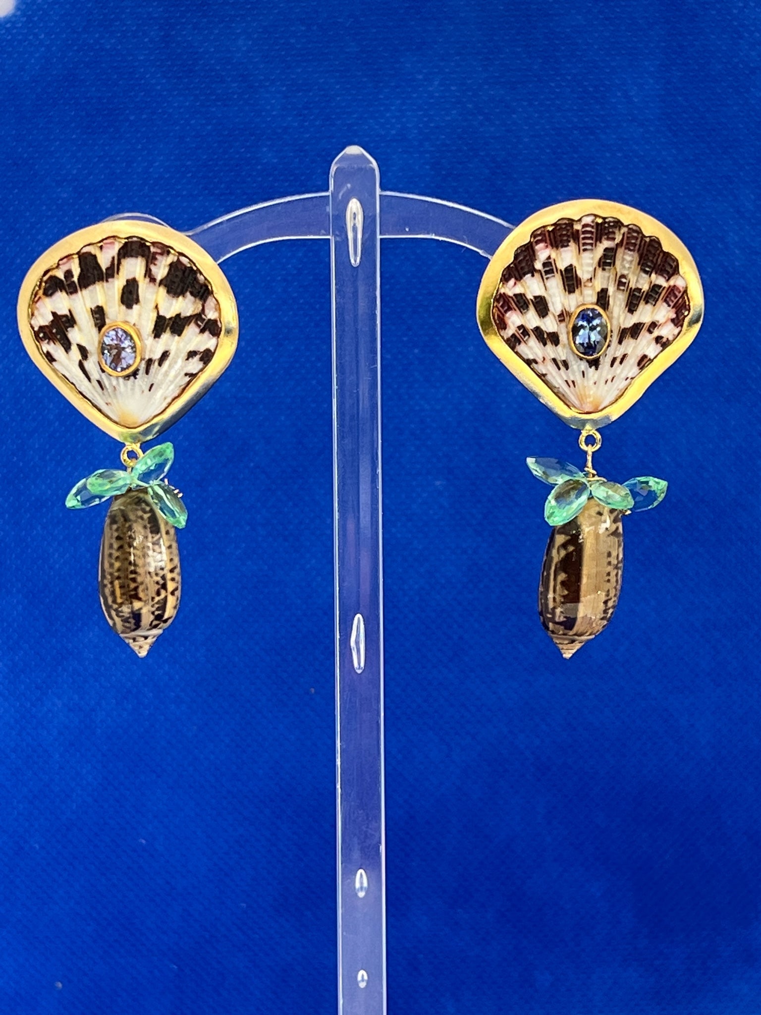 Scallop, Olive Shell and Tourmaline Drop Earrings - 2