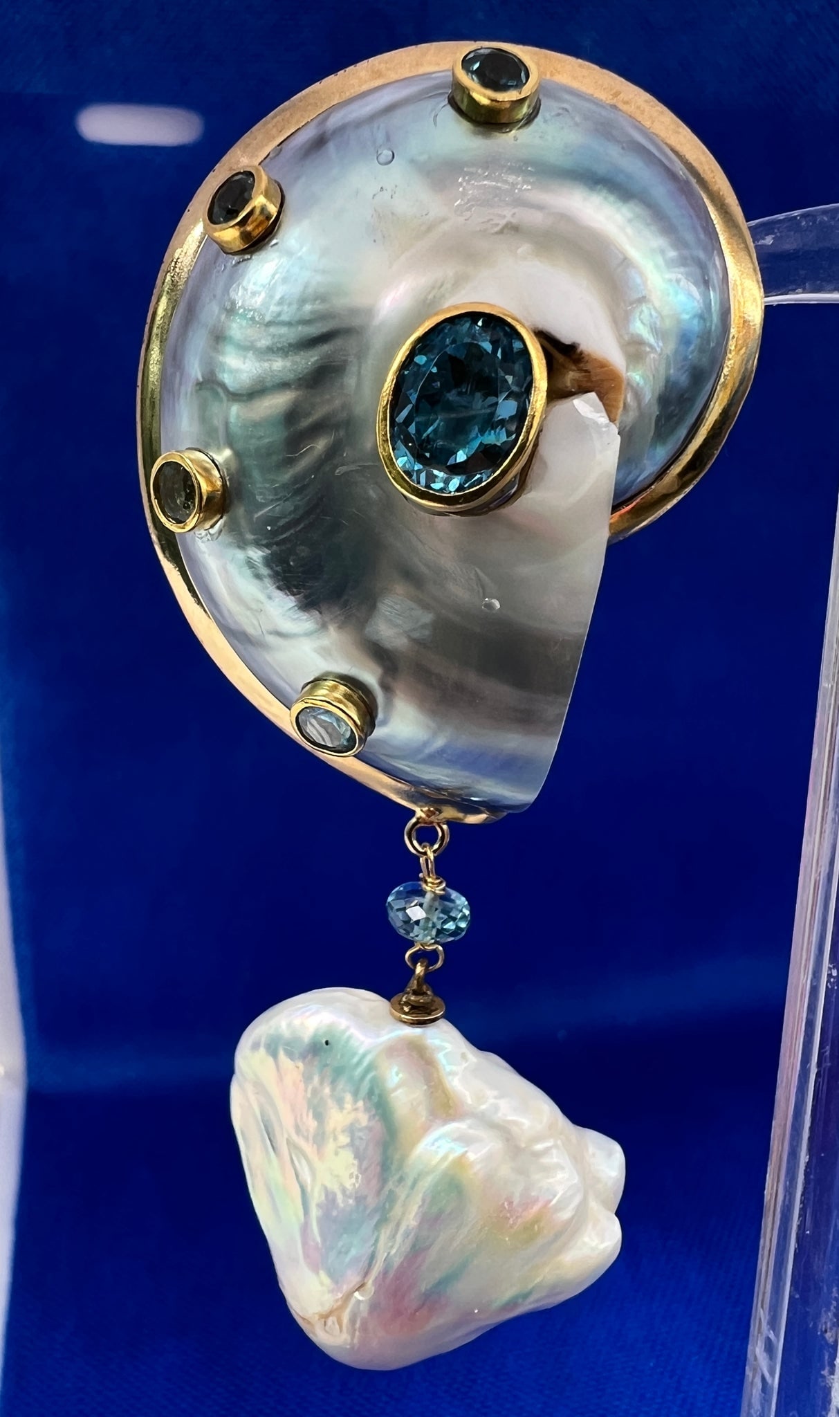 Showstopper Nautilus Heart , Blue Topaz and Baroque Pearl Earrings - 2