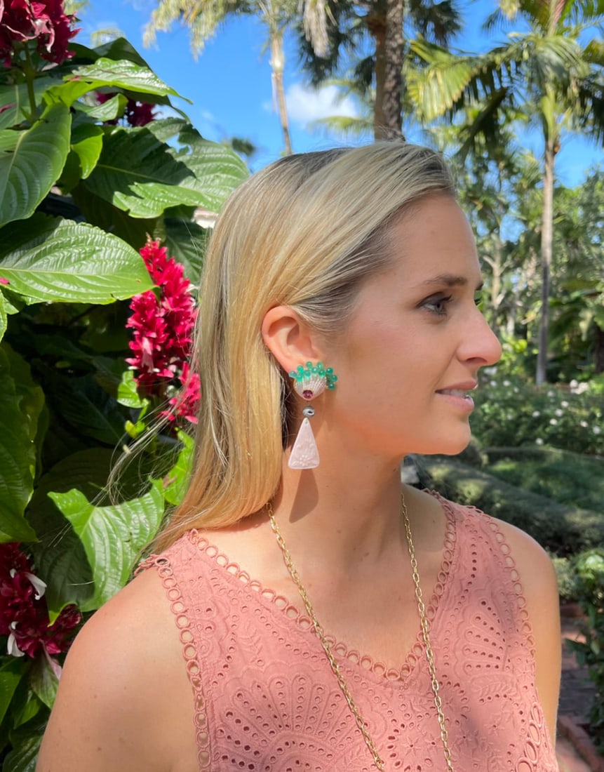 14K Green Garnet Scallop Earrings: Title:14K Green Garnet Scallop Earrings Description:Fun Green Garnet Briolette & rare Pink Scallops in 14-Karat gold. Drops of Hematite and carved pink conch. Reserve: $1,760.00 Shipping: Domestic: Sh