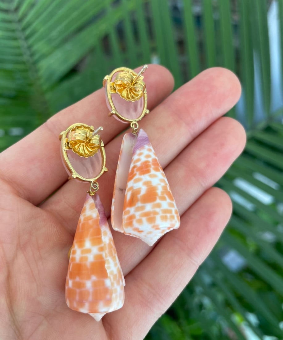 Pink Quartz & Conus Shell Earrings - 2