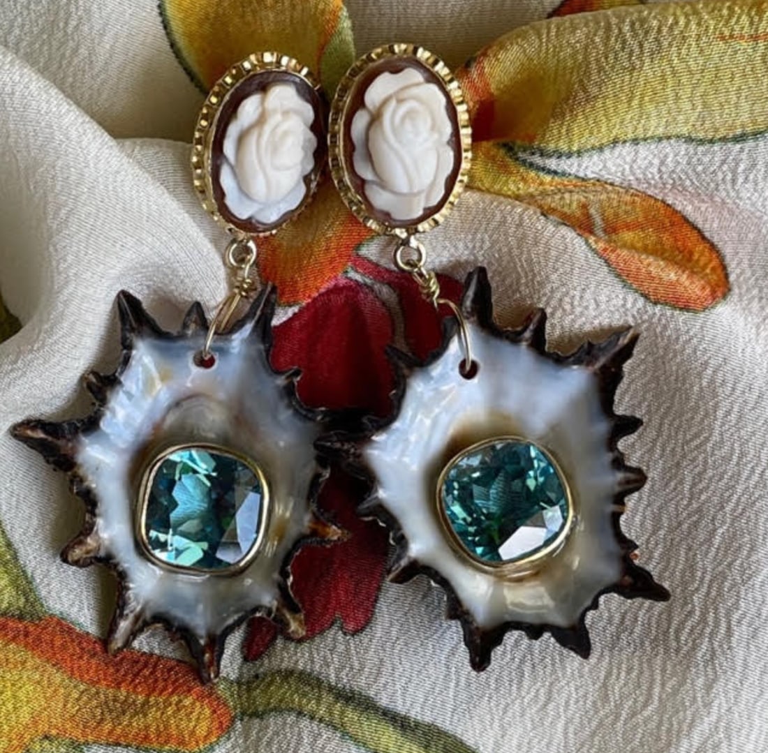 Swiss Topaz & Limpet Earrings: Title:Swiss Topaz & Limpet EarringsDescription:A lovely pair of cushion-cut Swiss Topaz stones are perfectly juxtaposed to the rawness of the African Limpet shell. Reserve: $960.00 