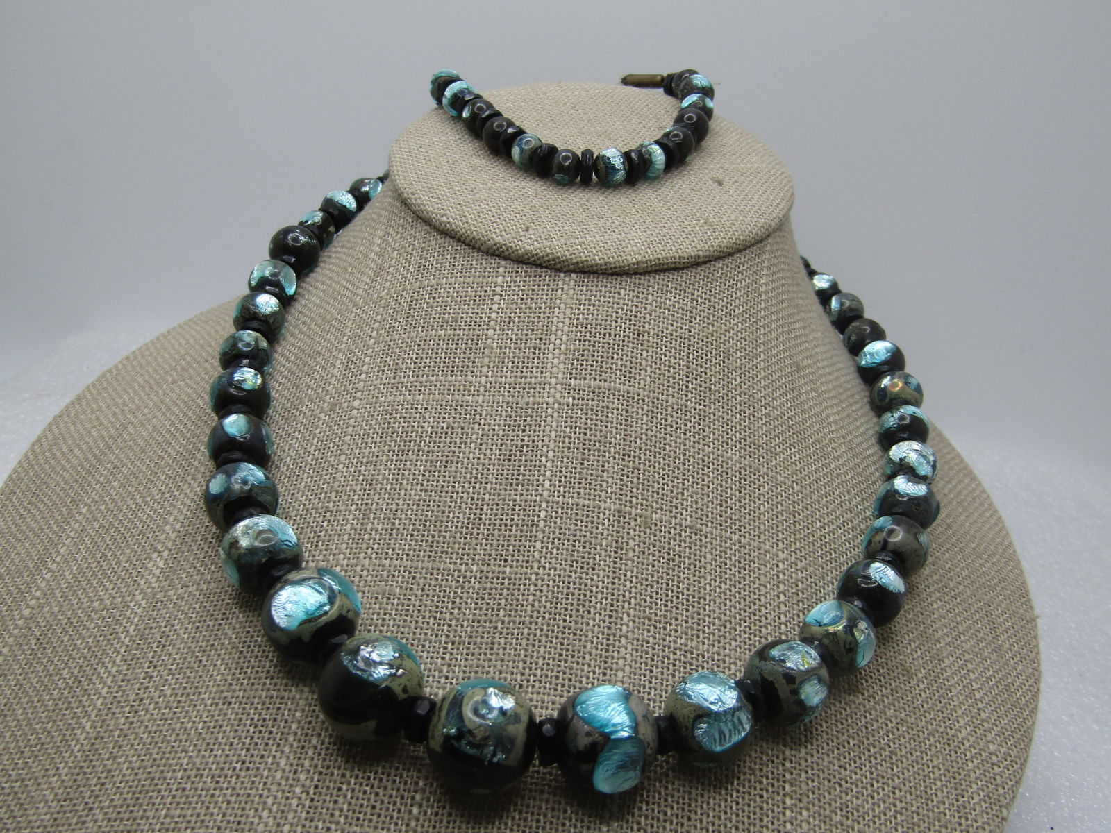 Vintage Foiled Inlaid Czech Glass Beaded Necklace & Bracelet, 1920's - 2