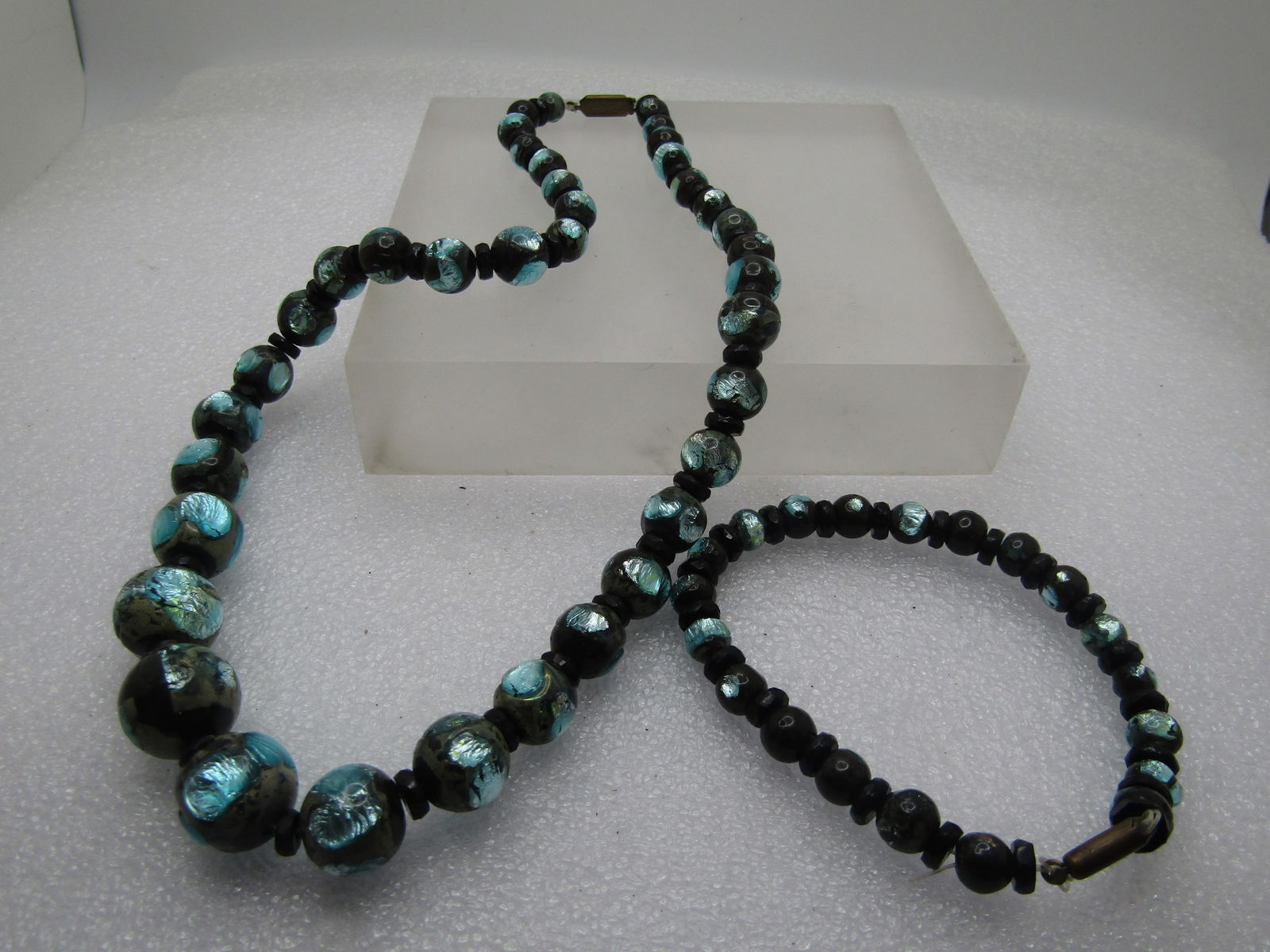 Vintage Foiled Inlaid Czech Glass Beaded Necklace & Bracelet, 1920's - 5