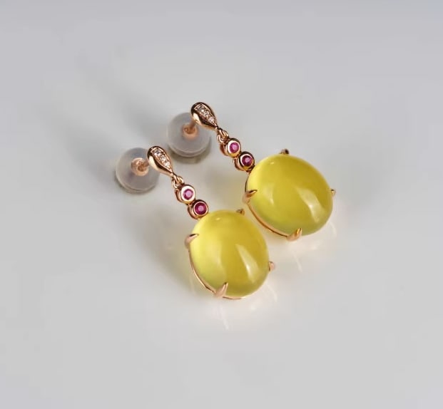 14K GOLD 9.63 CT NATURAL PREHNITE & DIAMOND & RUBY EARRINGS (1 of 6)