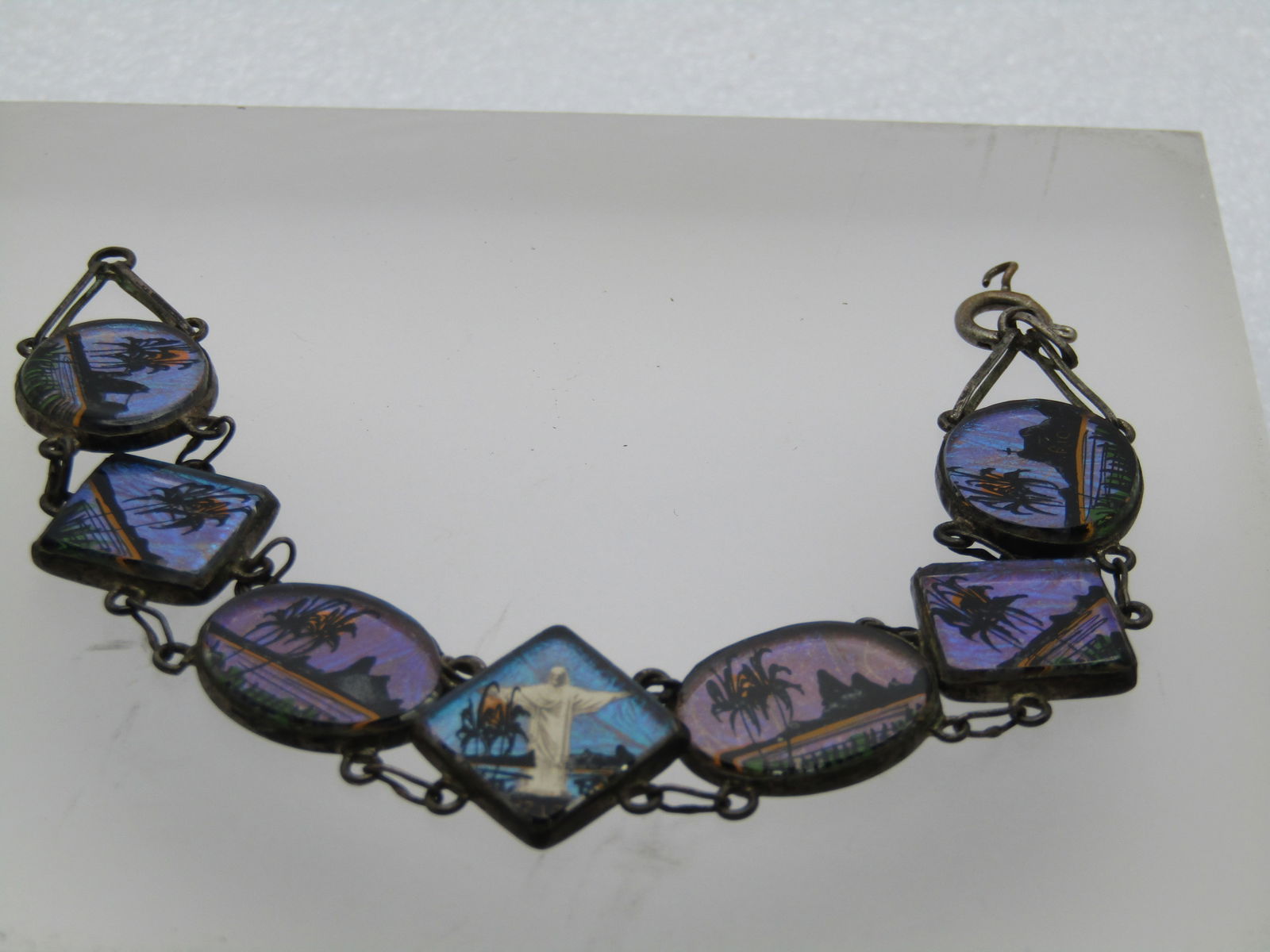 Vintage .900 Silver Morpho & Jesus Sunset Bracelet, Christ the Redemer, Rio de Janeiro, 7.25,: Title:Vintage .900 Silver Morpho & Jesus Sunset Bracelet, Christ the Redemer, Rio de Janeiro, 7.25, 1940'sDescription:Vintage .900 Silver Morpho & Jesus Sunset Bracelet, Christ the Redemer, Rio de