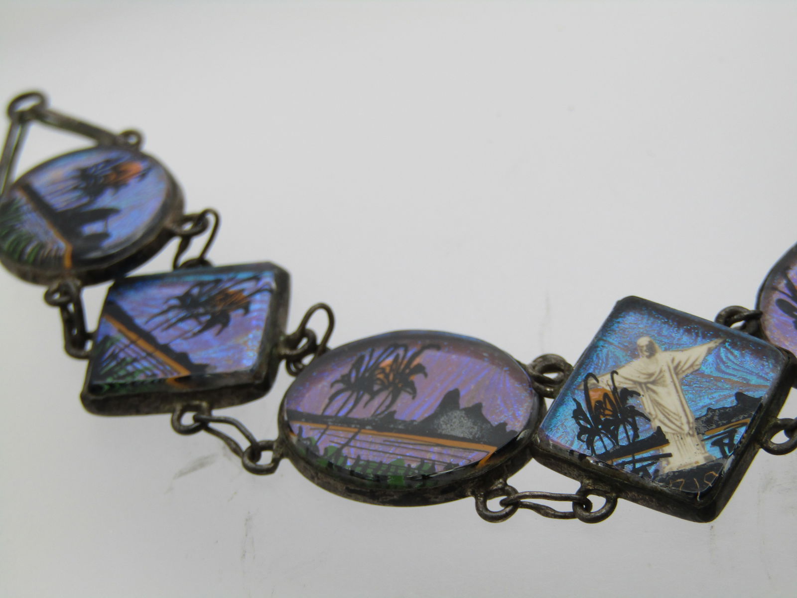 Vintage .900 Silver Morpho & Jesus Sunset Bracelet, Christ the Redemer, Rio de Janeiro, 7.25, - 2