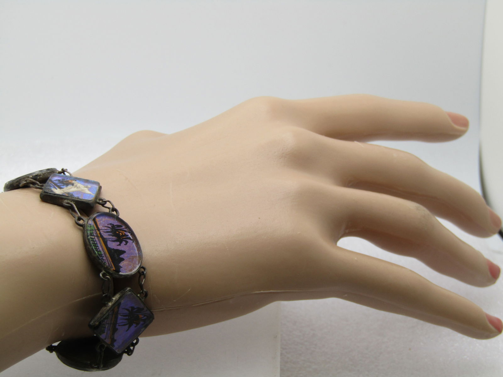 Vintage .900 Silver Morpho & Jesus Sunset Bracelet, Christ the Redemer, Rio de Janeiro, 7.25, - 7