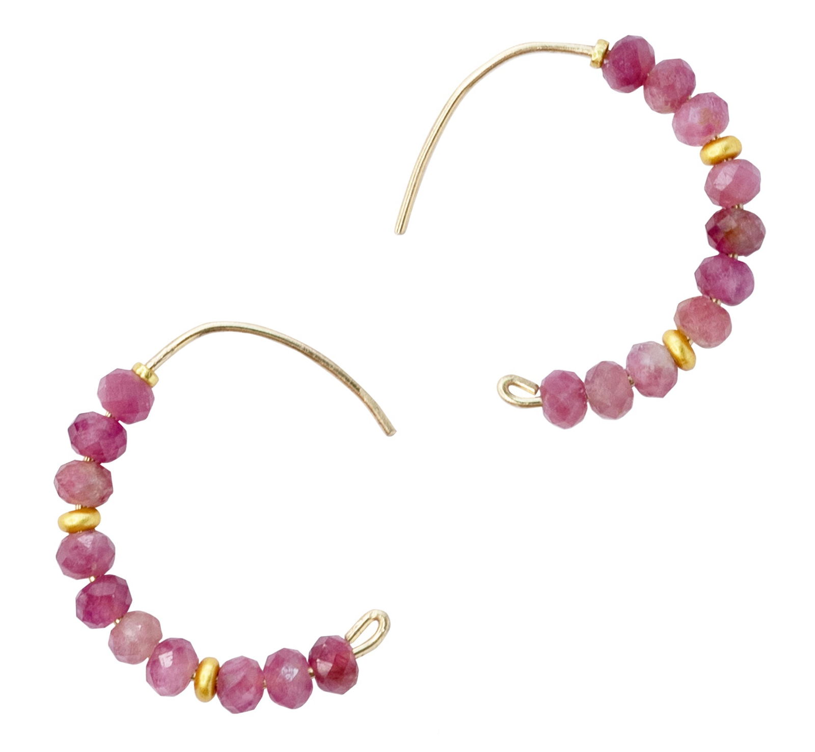 Pink Tourmaline Half Moon Earring 14K Gold Hoop: Title:Pink Tourmaline Half Moon Earring 14K Gold Hoop Description:Cascading jewels in shades of dusty rose and deep berry create a symphony of color that frames your face with natural elegance. Each f