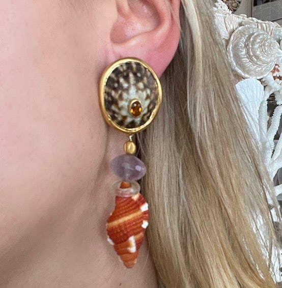 Mandarin Garnet, Amethyst & Cymatium Vermeil Earrings: Title:Mandarin Garnet, Amethyst & Cymatium Vermeil Earrings Description:Special Mandarin Garnets set in Blue Limpets. Drops of Lavender Amethyst and 18th century 18-Karat Gold African beads and rare C