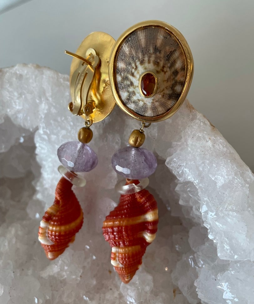 Mandarin Garnet, Amethyst & Cymatium Vermeil Earrings - 3