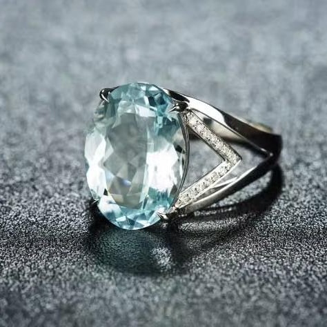 14K GOLD 7 CT NATURAL AQUAMARINE & DIAMOND RING - 3