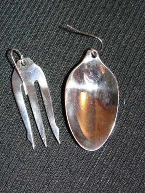 Sterling Silver Plated Brass Olive Fork and Sugar Spoon Earrings: Title:Sterling Silver Plated Brass Olive Fork and Sugar Spoon EarringsDescription:With this over production of silver plated and steel/nickel silverware many artists of the 1960's up to today have