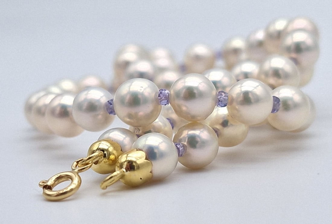 Akoya pearl necklace with tanzanite and 18kt yellow gold - 4