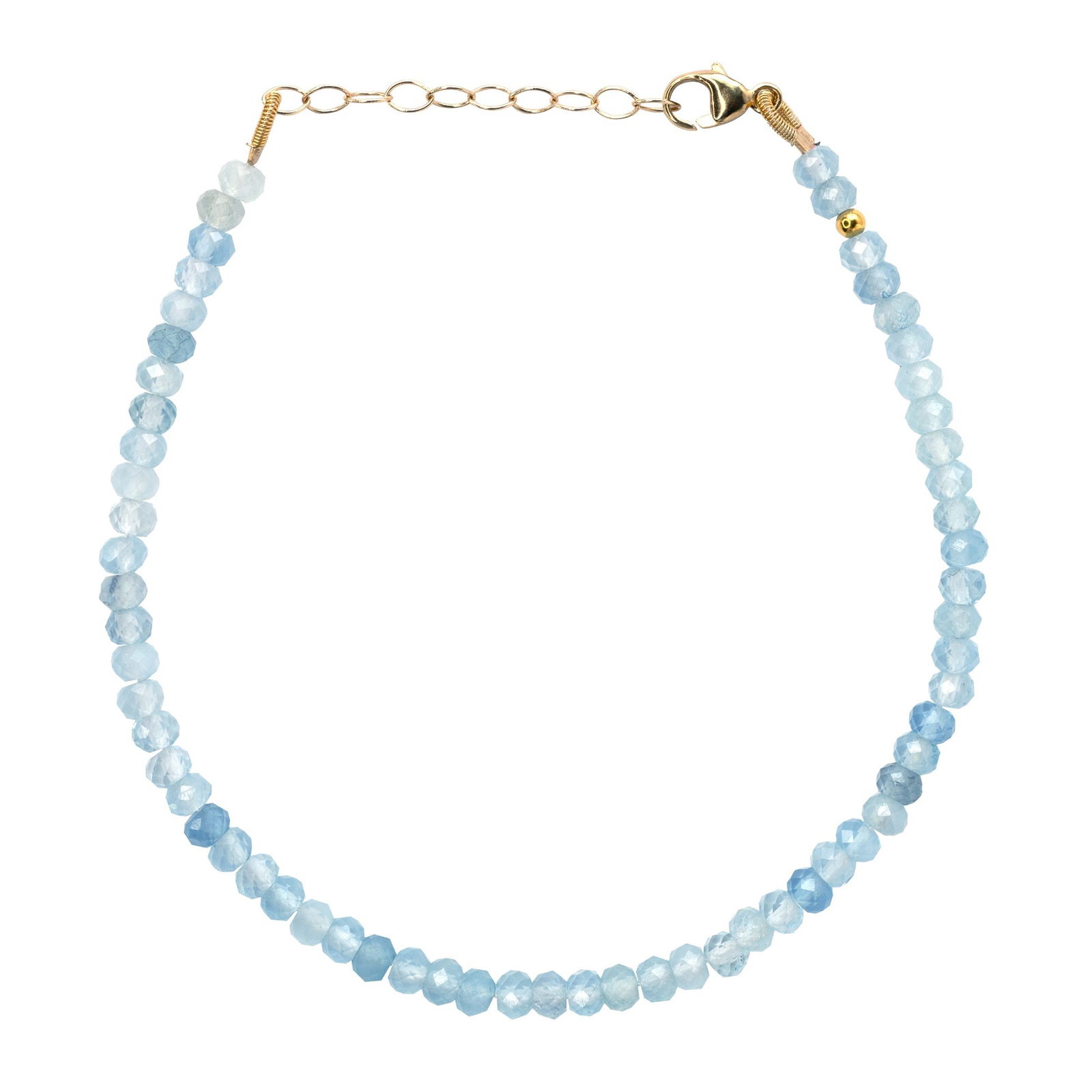Aquamarine 14K Gold Bracelet: Title:Aquamarine 14K Gold BraceletDescription:Immerse yourself in tranquil energy with this aquamarine and 14K gold bracelet from Bombyx House, a serene companion for life's ebb and flow. 6" Total