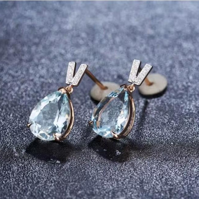 14K GOLD 3.68 CT NATURAL AQUAMARINE & DIAMOND EARRINGS - 3