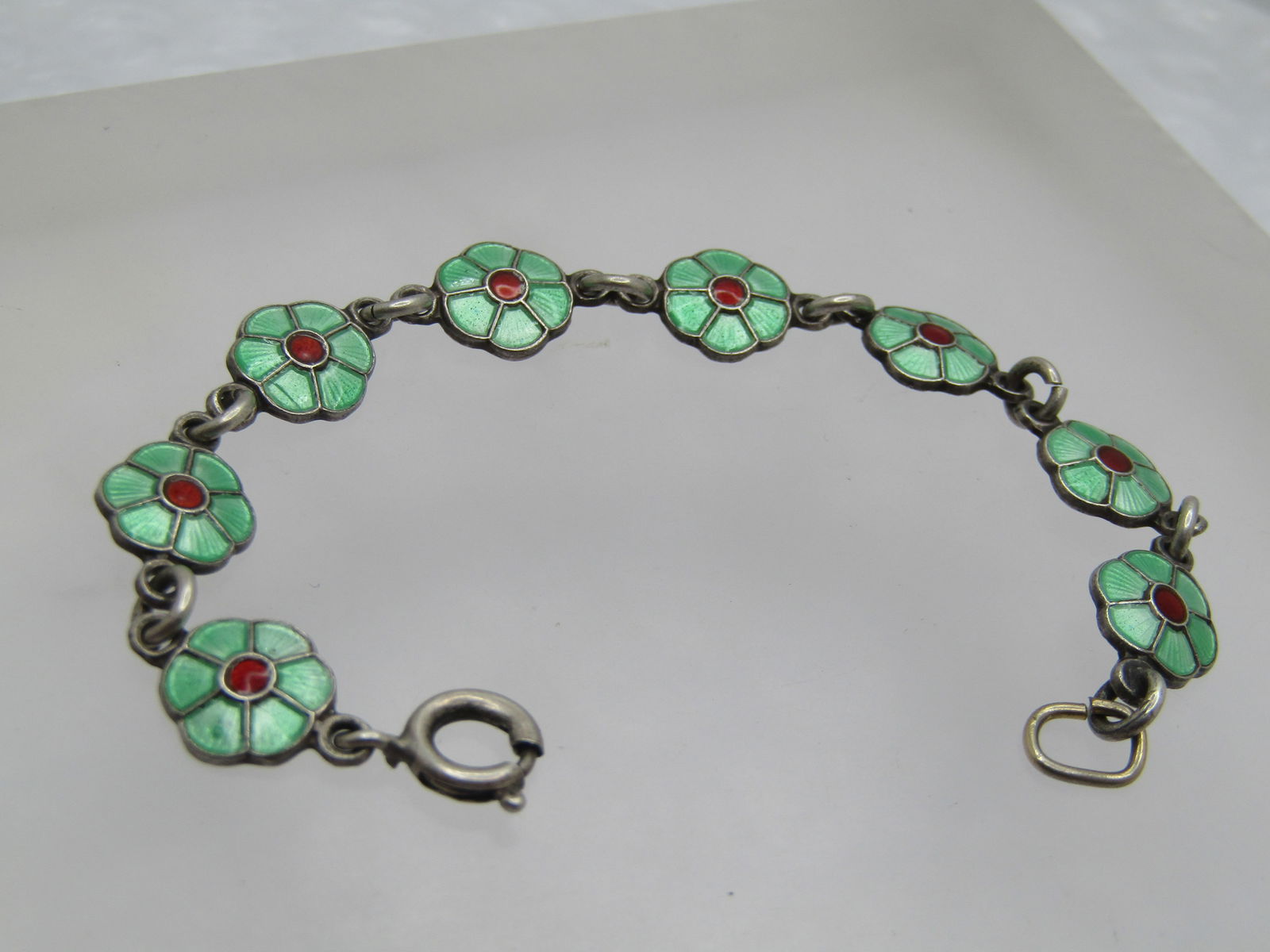 Vintage Green Guilloche Floral Link Bracelet, Signed Volmer Bahner, Denmark, 5.25" - 3