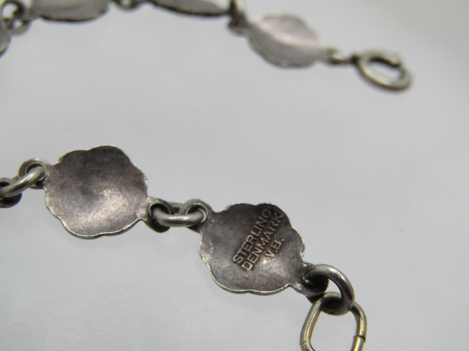 Vintage Green Guilloche Floral Link Bracelet, Signed Volmer Bahner, Denmark, 5.25" - 5