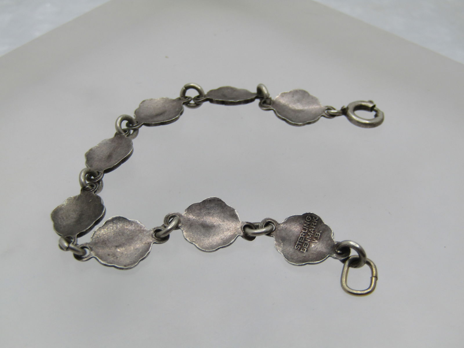 Vintage Green Guilloche Floral Link Bracelet, Signed Volmer Bahner, Denmark, 5.25" - 6