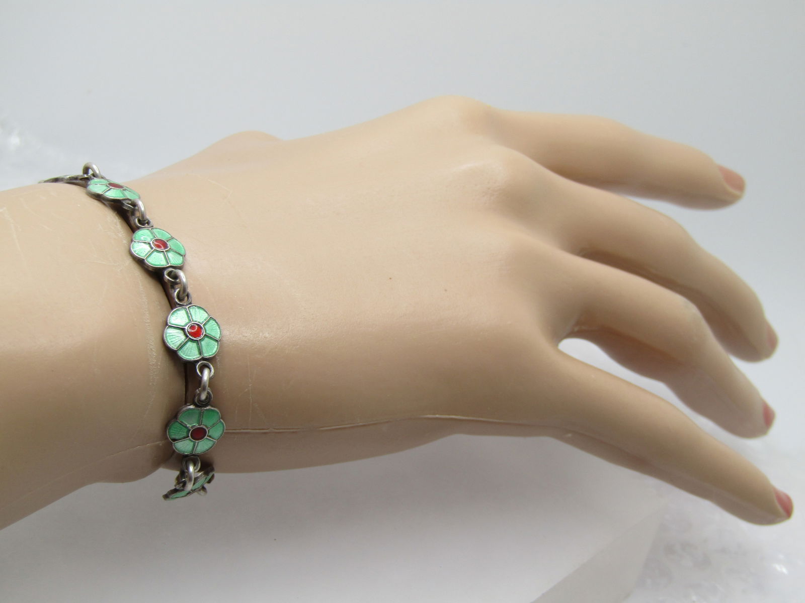 Vintage Green Guilloche Floral Link Bracelet, Signed Volmer Bahner, Denmark, 5.25" - 7