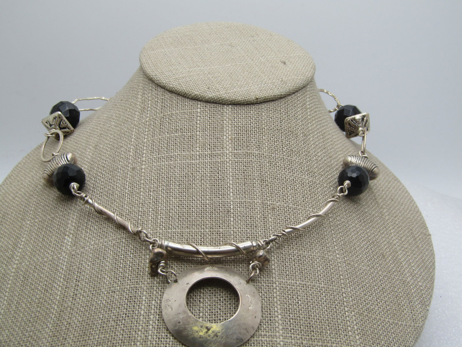 Vintage Sterling Southwestern Stamped Necklace, Black Beads, 23", 1980's-1990's: Title:Vintage Sterling Southwestern Stamped Necklace, Black Beads, 23", 1980's-1990'sDescription:Vintage Sterling Southwestern Stamped Necklace, Black Beads, 23", 1980's-1990's. This appears to be a