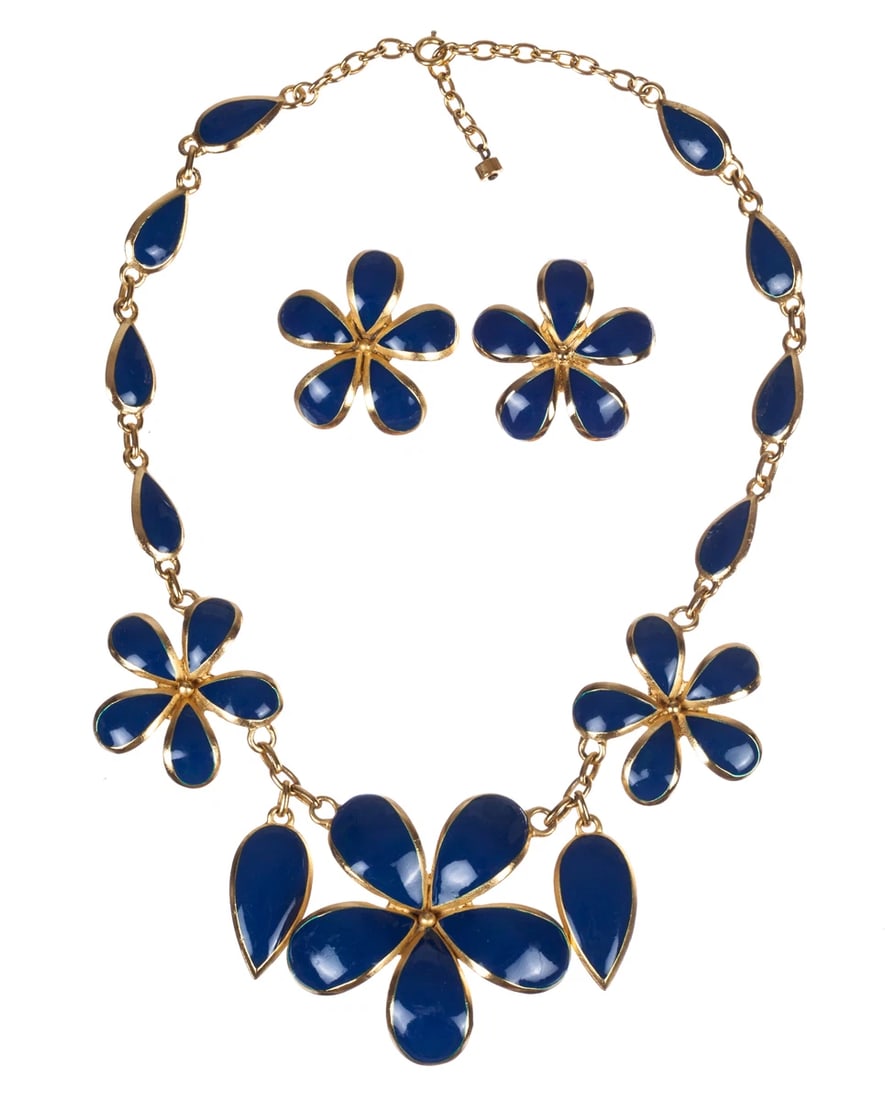 Balenciaga Two-Piece Gold and Blue Enamel Flower Set - 2