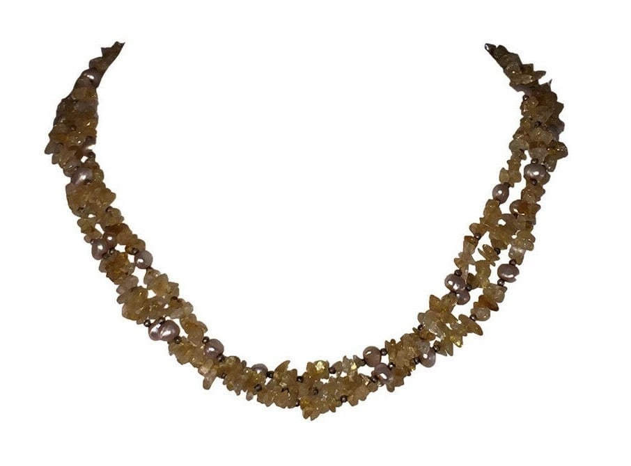 Citrine Freshwater Pearl Sterling Silver Bead Multi Strand Necklace - 2