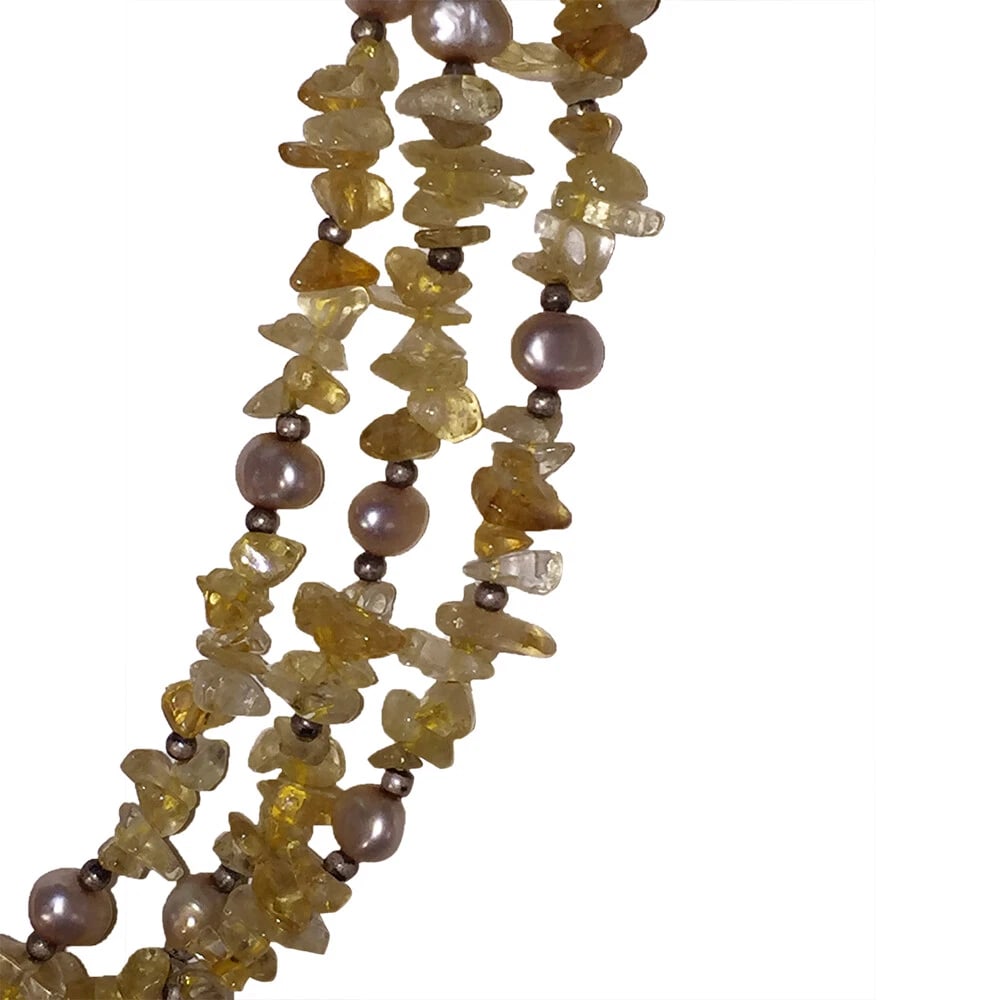 Citrine Freshwater Pearl Sterling Silver Bead Multi Strand Necklace - 4
