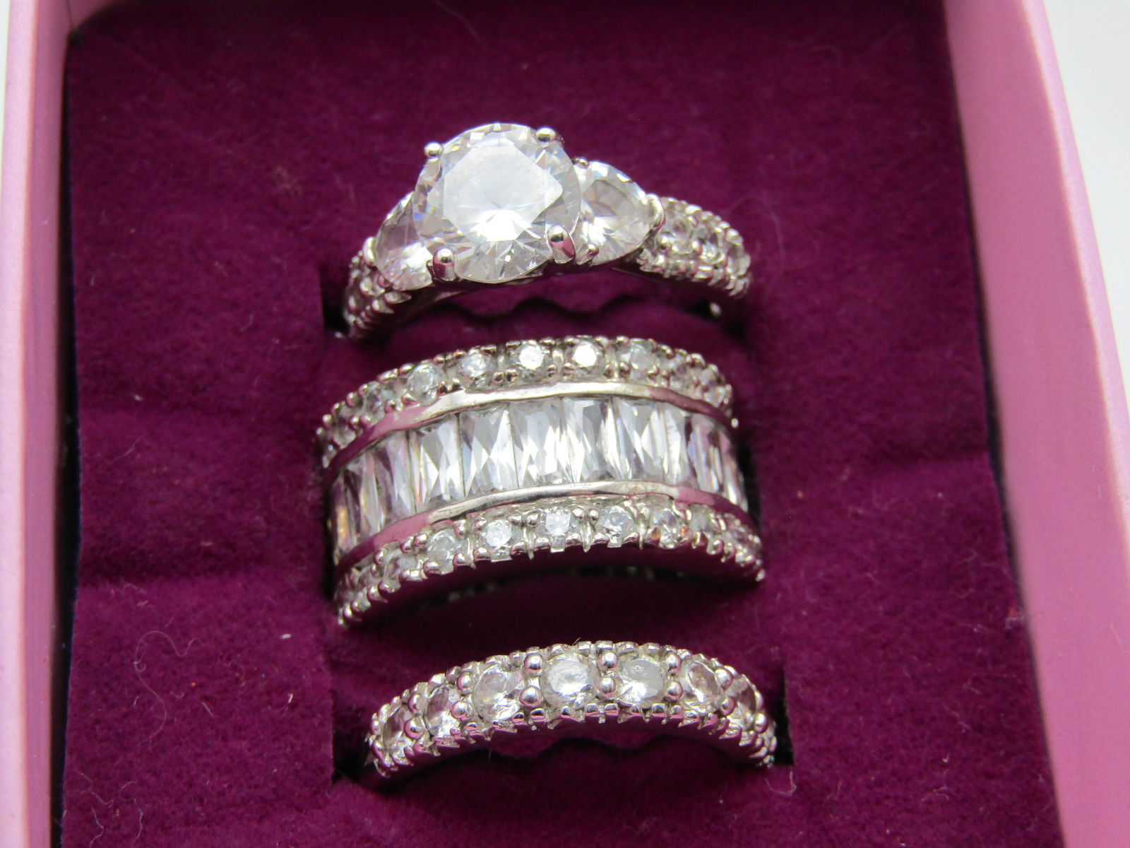 Triple Sterling & Plated CZ Ring Set, Sz. 7, Palm Beach in Box. Wedding/Anniversary/Engagement: Title:Triple Sterling & Plated CZ Ring Set, Sz. 7, Palm Beach in Box. Wedding/Anniversary/Engagement Style, 2000'sDescription:Triple CZ Ring Set, Sz. 7, Palm Beach in Box.